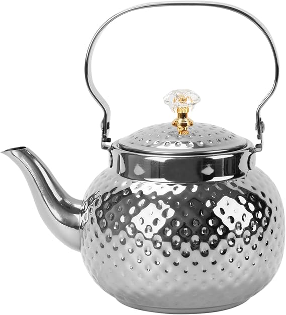 Hammered Stainless Steel Teapot, 1.2L Silver Kettle | with Loose Leaf Infuser for Tea, Milk & Coffee, Stovetop Safe, Outdoor Travel Drinkware & Gifts for Women
