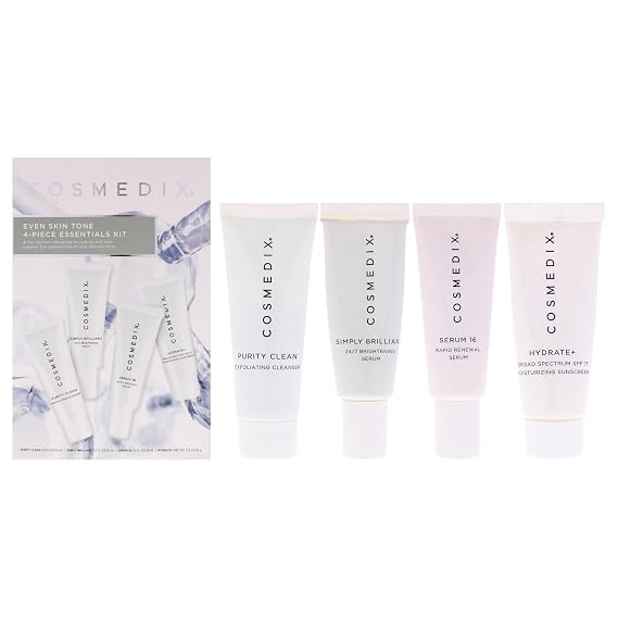 Even Skin Tone Essentials Kit by Cosmedix for Unisex - 4 Pc 0.5oz Purity Clean, 0.5oz Simply Brilliant, 0.5oz Serum 16, 0.5oz Hydrate Plus