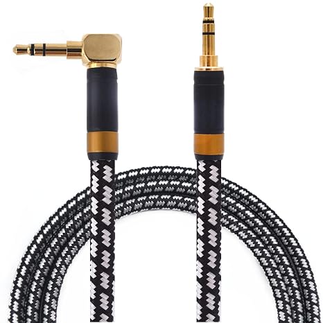 Aux Cord, Audiophile 3.5mm Stereo Audio Cable [0.75m (2.5 Feet), Silvered-Plated Copper core, Right Angle] Unbreakable and Great for Laptop, Tablets,Headphones, Cars and More.