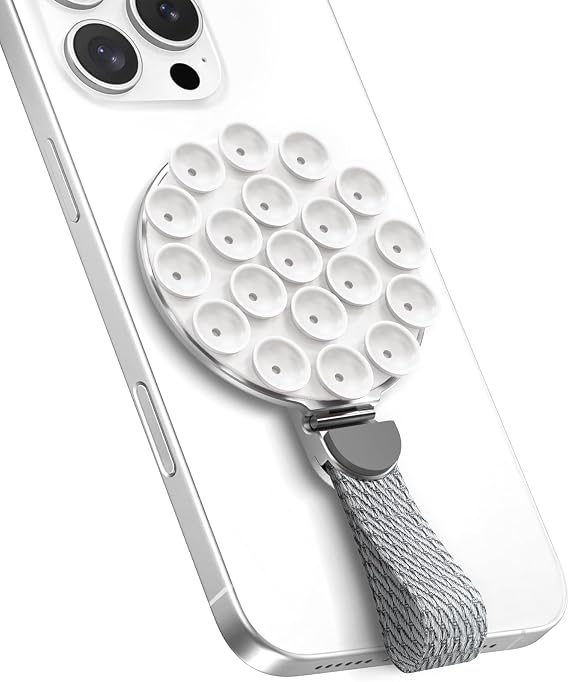 MagSuction Grip Magnetic Phone Grip Holder for MagSafe, Silicone Suction Phone Mount, Adjustable Kickstand with Finger Loop, Compatible with iPhone 17/16/15/14/13/12 Series (Silver&White)