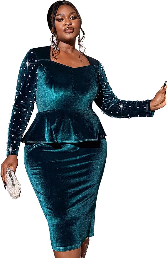 AOMEI Elegant Pearl Beaded Velvet Cocktail Dresses for Women Fall Long Sleeve Peplum Bodycon Square Neck Midi Party Dress