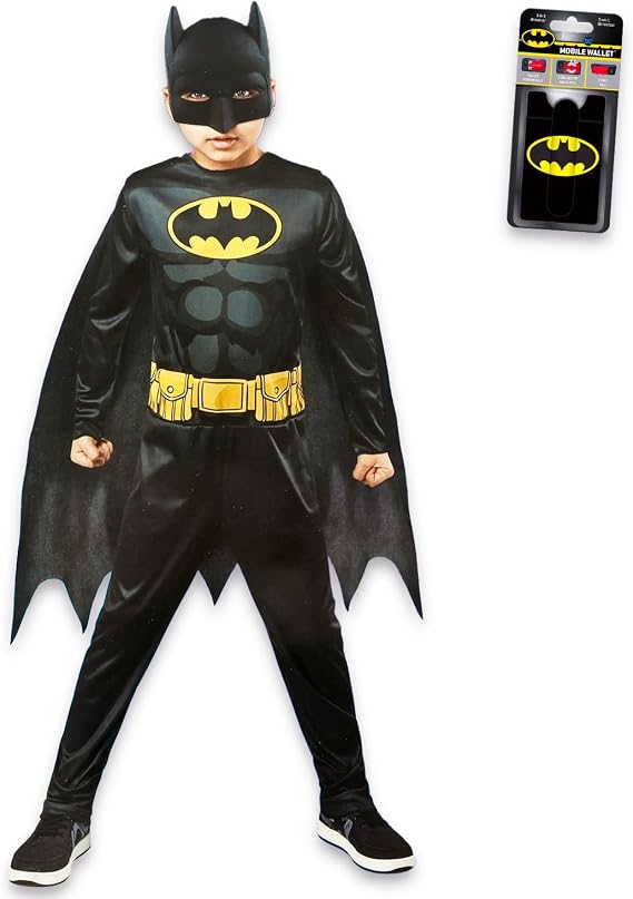BATMAN Halloween Costume for Kids - Bundle Costume with Jumpsuit, Mask, Cape for Halloween Plus Phone Wallet