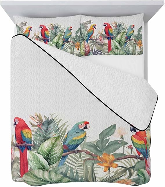 Quilt Set King,Parrot Summer Palm Tree Monstera Summer Bedding Sets Lightweight Soft Microfiber Bedspread Coverlet Set,Tropical Plant Flower Gray 3 Pieces Bedding Set(1 Quilt,2 Pillow Shams)