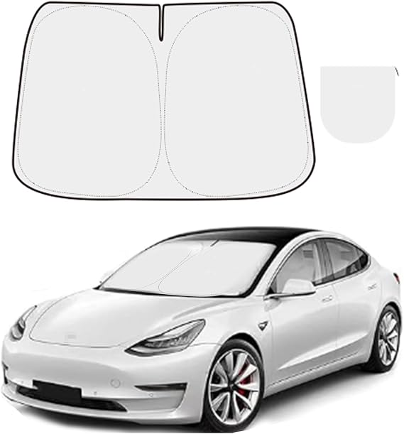 300T Sunshade for Tesla Model Y Model 3, Car Accessories 2025 for Tesla, Front Window Sunshade with Organizer Bag, Gifts for Tesla Owners (Red)