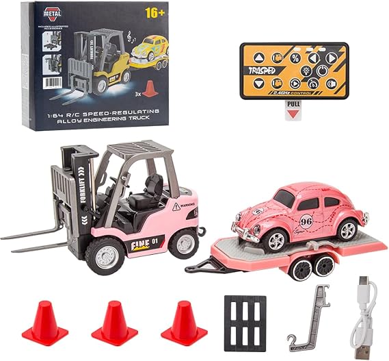Metal RC Forklift Truck with Controller, Cargo Hook, Forks and Pallet, 1/64 Scale 2.4G Mini Alloy RC Construction Engineering Vehicles Gift for Adults (Pink)