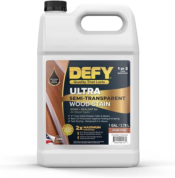 DEFY Ultra Semi-Transparent Outdoor Wood Stain and Sealer in One Cedar Tone, 1 Gallon, Deck Stain and Sealer | Rich Color and Satin Sheen for All Wood Types