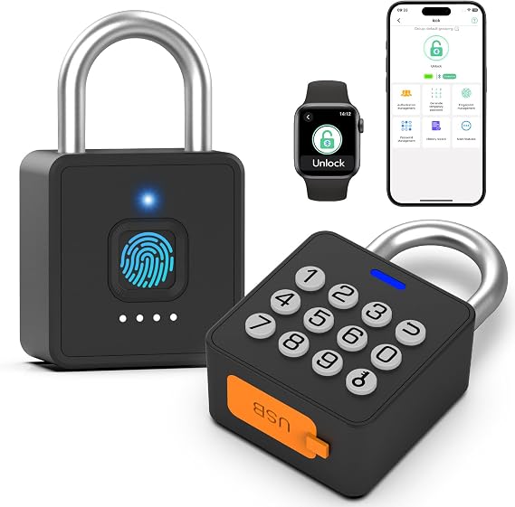 Combination Lock eLinkSmart Gym Locker Padlock with 9 Digit Push Button Password Fingerprint App Unlocking Keyless Biometric Security Metal Padlock for