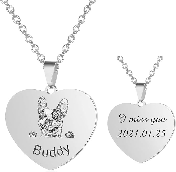 Custom Portrait Pet Dog Photo Necklace Personalized Pet Dog Cat Picture Heart Necklace Gifts for Pet Lover Dog Mom Dog Grandma