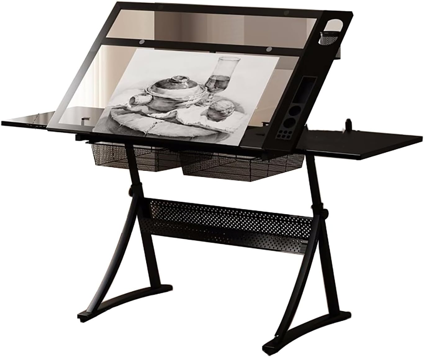 Glass Drawing Table Ramp, Adjustable Height Drawing Table for Artists, Tabletop Art Desk with Storage for Work, Writing and Painting Color : Black