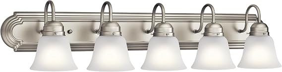 Kichler 5-Light Bathroom Vanity Light, Brushed Nickel | Clear satin etched glass vanity light for bathroom mirrors (36" x 8" x 12"), 5339NIS