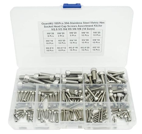 155Pcs 304-Stainless Steel Metric Hex Socket Head Cap Screws Assortment Kit,for M2.5 M3 M4 M5 M6 M8 (14 Sizes)