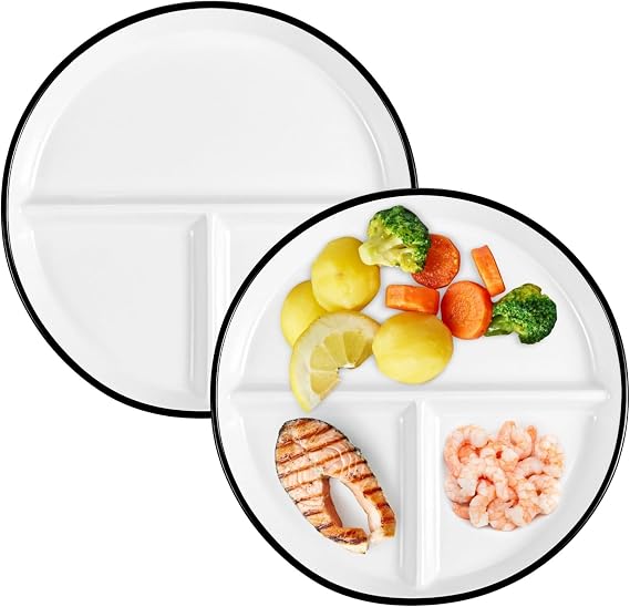 2 PCS Portion Control Divided Plates - 9.3" Ceramic Divided Dinner Plates White Round Porcelain Dinner Diet Plate for Dessert Salad Steak Sushi Spaghetti