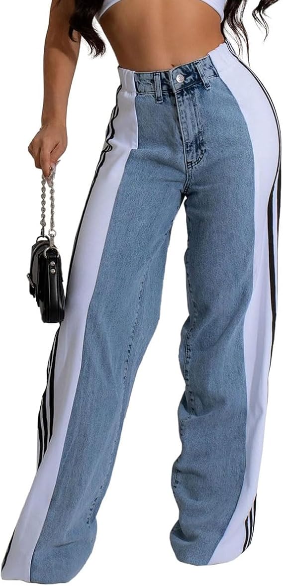 knowfashionstyle Womens Jeans Patchwork Straight Leg Jean Concert Outfit | High Waisted Fun Striped Pants Women,Color Block Denim Outfit,Loose Fun Going Out Pants,Cute Colored Jeans