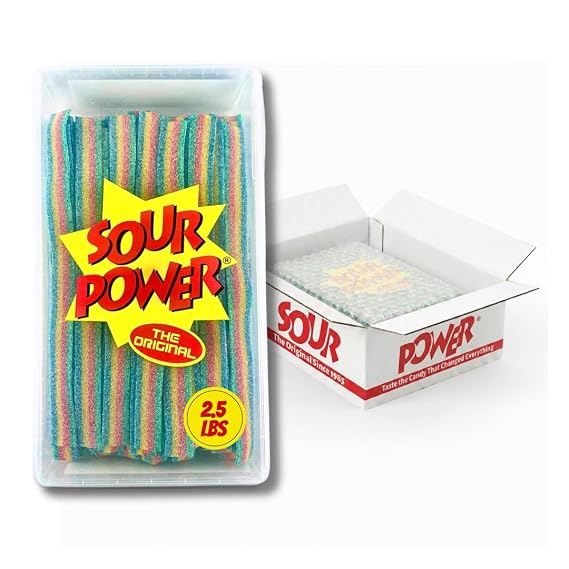 Sour Power Quattro Rainbow Candy Belts, 2.5 lb Bulk Tub Resealable, Vegan Four Flavor Sour Belt Strips Since 1985, Soft Chewy Sweet Tart, Non-GMO Gelatin Free, Bubble Wrapped & Boxed for Shipping