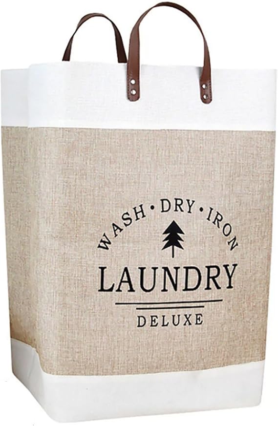 Laundry Hamper Large, Laundry Basket Organizer, Collapsible Dirty Clothes Basket with PU Leather Handle, Linen Clothes Hamper for Storage Toys and Clothing in Bedroom, Bathroom(Beige)