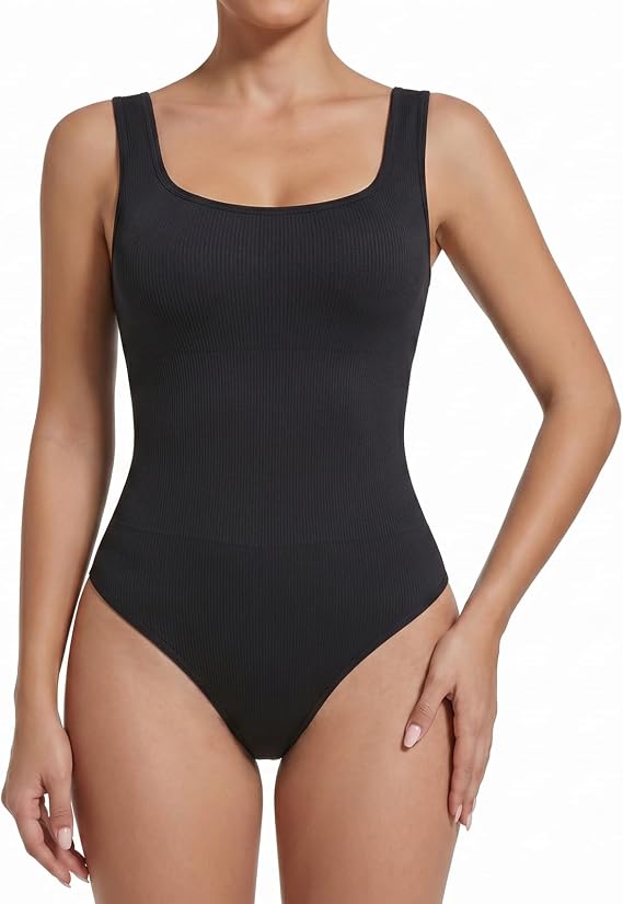 Seamless Sleeveless Bodysuit for Women, Square Neck Tummy Control Shapewear Top with Snap Closure, Ribbed Sculpting Waist, Wide Strap Shaper for Smooth Everyday Layering