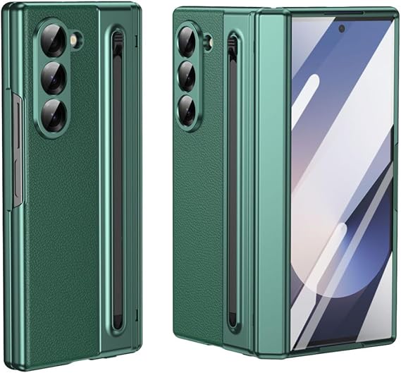 Galaxy Z Fold 6 Case, Leather Texture Galaxy Z Fold 5 Case, Strap Hole, Hinged, Protective Cover, Built-in S Pen Storage, Plating, Thin, Lightweight Green 25-Fold 6-05 | レザー風質感とメッキ加工を施し、薄型軽量な設計です。ヒンジ保護構造、S ペン収納スペース、ストラップホールを備え、端末を安定的に守ります。