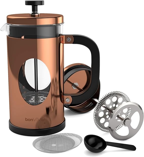 bonVIVO French Press Cafetiere 1000ml Stainless Steel Copper | Borosilicate glass coffee press with stainless steel frame, replacement filter and scoop, ideal for coffee lovers at home