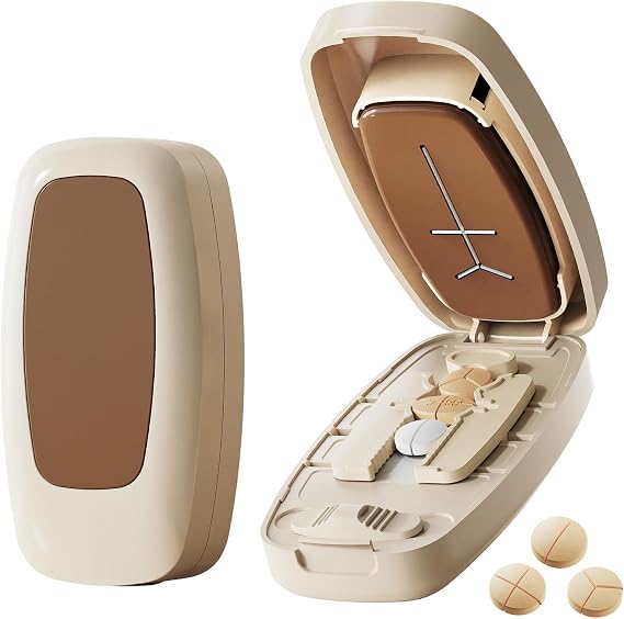 Portable Pill Cutter, 2026 Adjustable (1/2 1/3 1/4 Incision) Small or Large Precision Pill Cutter, Safe Hidden Blade and Portable Pill Separator for Cutting Vitamins and Tablets (Cream White)