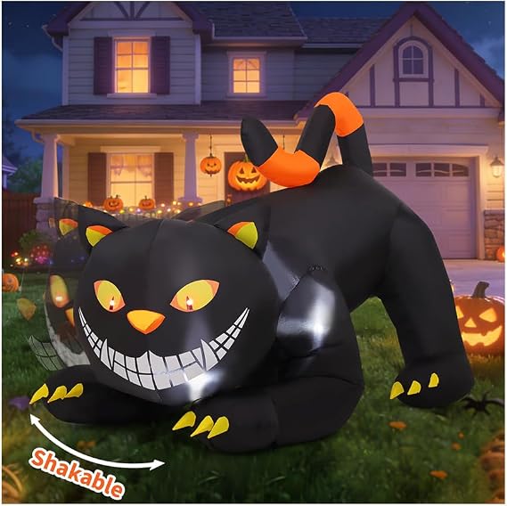 GOOSH 6 FT Halloween Inflatables Outdoor Black Cat with Shakable Head, Blow Up Yard Decoration with LED Lights Built-in for Holiday/Party/Yard/Garden