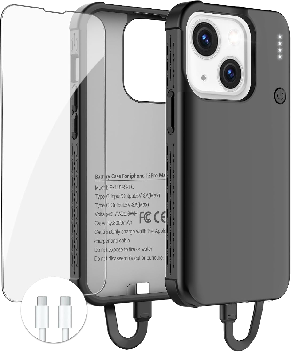 GIN FOXI Fast Charging Battery Case for iPhone 15 Pro Max15 Plus, 8000mAh 15W Ultra Slim Charger Case Rechargeable Portable Extended Power Bank Case Cover Battery Pack Built-in Cable, Black 6.7”