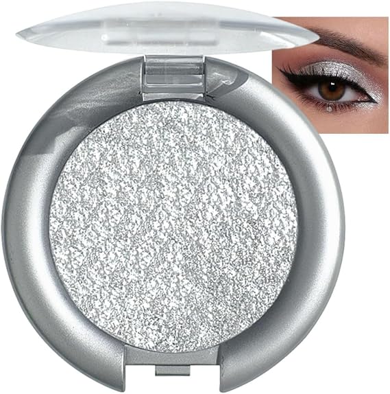 Champagne Silver Single Eyeshadow, Metal Diamond Shining Eye Make Up, Grey Glitter Pressed Powder Palette, Waterproof, Shimmer Blendable Eyes Shadow for Festival Party