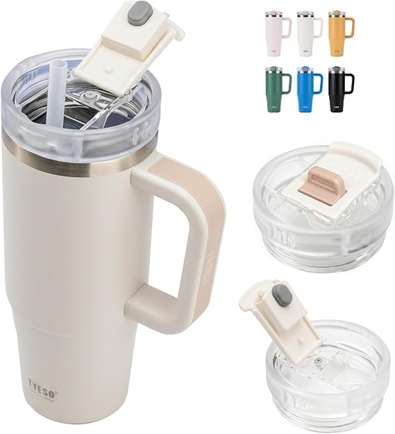 TYESO Vacuum Insulated Tumbler Water Bottle Cold Insulation Stainless Steel Bottle Straw Handle Mug Double Wall Wide Mouth (White, 30 oz)