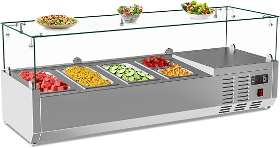 48'' Countertop Refrigerated Condiment Station with Auto Defrost, Digital Controller, and LED Display Sandwich Prep Table with 3 x 1/3 Pans and 2 x 1/6 Pans, Glass Lid for Restaurant and Food Truck