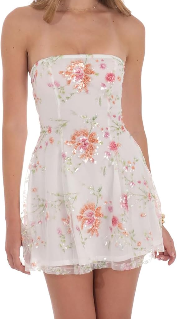 Women's Sequin Mini Dress Strapless Backless Tube Dress Floral Embroidery Summer Cocktail Party Streetwear Dress