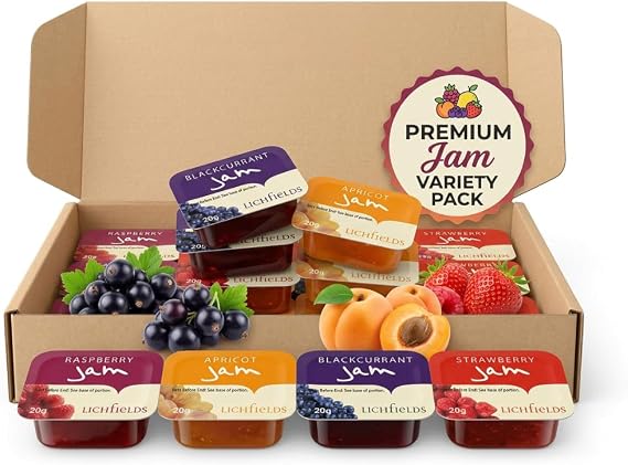 Mini Jams Assortment 20 x 20 g Jam Portions With Strawberry Jam, Raspberry Jam, Apricot Jam and Blackcurrant Jam for Breakfast Trays, Hotels, Cafés, Campers and Catering Use