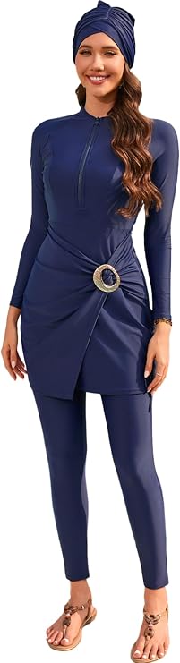 Women's Muslim Swimwear: Long Sleeve Burkini 3 Pieces Knot Front Hijab, Full Cover Modest Swimsuit Rash Guard Bathing Suit - Islamic Swimming Costume