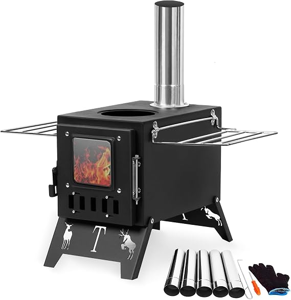 YOXIER Folding Portable Tent Stove - Wood Burning, Cooking, Courtyard, Camping - Includes Pipes and Spark Arrestor