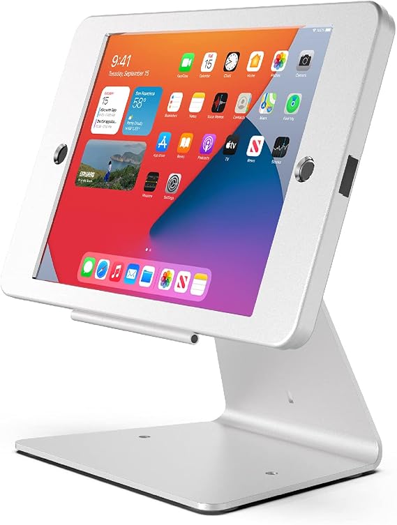 Desktop Anti-Theft Security Kiosk Stand Holder Case for iPad 10.2 inch 9th Gen 2021/8th Gen 2020/7th Gen 2019 with Lock and Key Flip 360 Degree Rotating Landscape / Portrait Design Silver