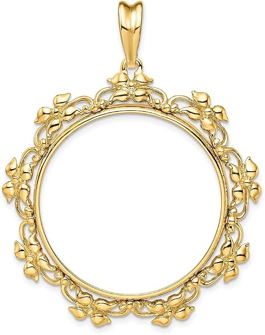 Roy Rose Jewelry Gold Coin Mounting | 1 oz. Canadian Maple Leaf | 30mm | Prong Set | Rope, Shell, Ribbon, Fancy Coin Bezel Pendant Frames | Solid 14K Gold