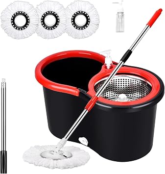 Spin Mop and Bucket Set, 360 Spin Mop and Bucket Stainless Steel,Floor Cleaning System,with 3 Replacement Heads (Black-1)