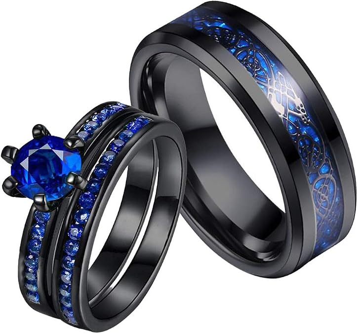 Couple Rings Black Plated Round cut Blue Cz Womens Wedding Ring Sets Stainless Steel Men Wedding Band