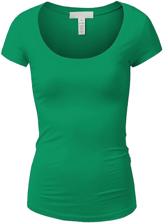 Active Basic Womens Plain Basic Deep Scoop Neck with Cap Short Sleeves - Emerald - XX-Large