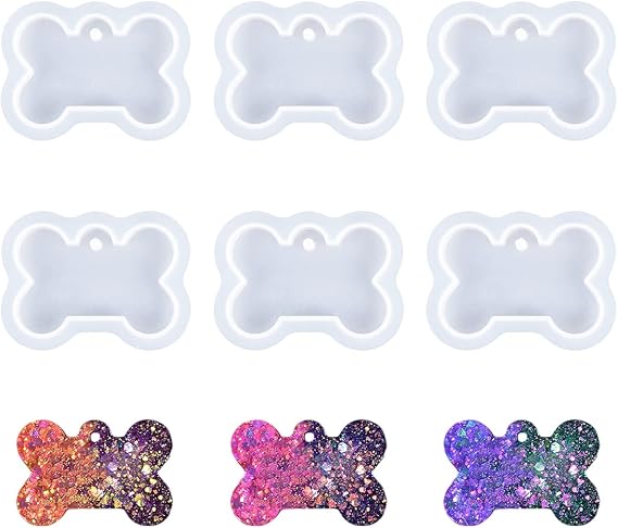 6 PCS Bone Shape Tag Resin Molds Dog Bone Keychain Charms Silicone Mold Dog Tag Casting Molds with Hole for DIY Crafts Jewelry Pendant Earring