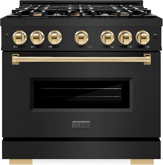 ZLINE Autograph Edition 36 in. 5.2 cu. ft. Classic Gas Range with 6 Burner Cooktop and Convection Gas Oven in Black Stainless Steel and Polished Gold Accents (CGRBZ-36-G)