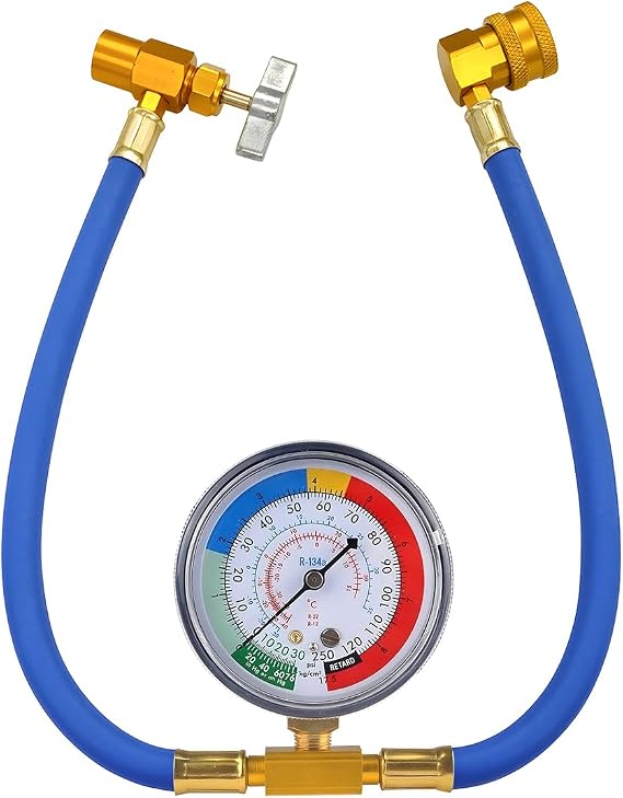 R134A Car AC Refrigerant Charge Hose Kit, Air Conditioning Charge Hose with Gauge & 1/2 Dispensing Valve, Vehicle Refrigerant Recharge Measuring Accessories, Universal Fit