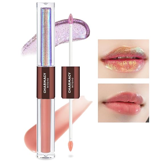 CHARMACY 2 In 1 Multichrome Moisturizing Lip Gloss, Double Head Liquid Lipstick, Mirror Waterproof Long Lasting No Fading Lip Balm, Hydrating Lip Plumper Waterlight Glossy Makeup #301