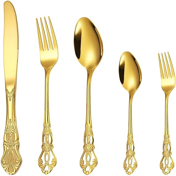 Gold Silverware Set for 2, MIKIWAY 10 Pieces Stainless Steel Flatware Set, Cutlery Tableware Set, Kitchen Utensils Set Include Spoons And Forks Set, Mirror Polished, Dishwasher Safe