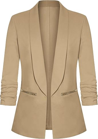 Womens Casual Blazer Ruched 3/4 Sleeve Open Front Cardigan Work Office Blazers Suit Jacket with Zipper Pocket