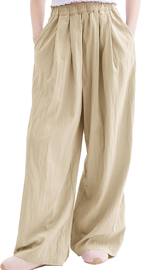 Rolanko Girls Wide Leg Pants Flowy Palazzo Pants for Girls Kids Linen Trousers Loose Fit Casual Beach Travel 6-15Y