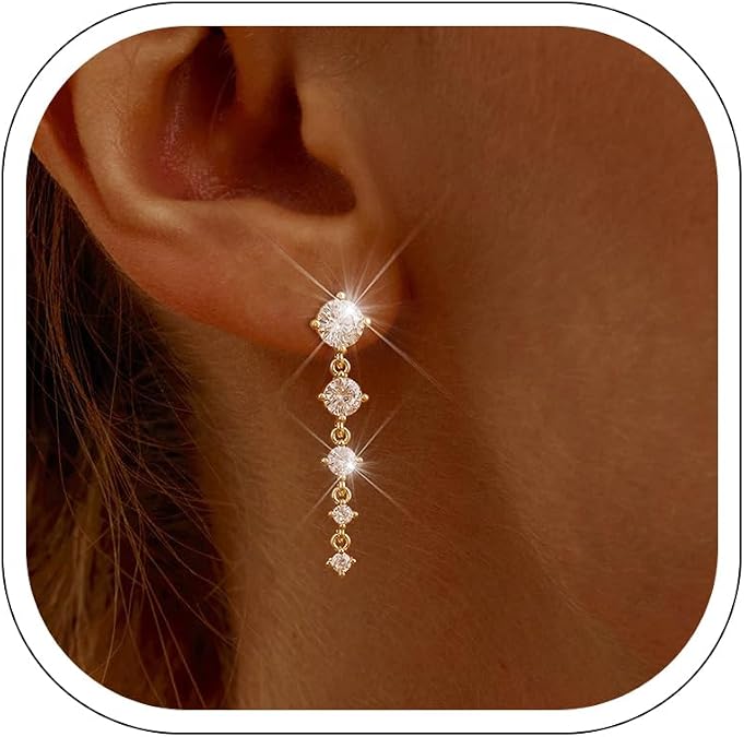 SHERLOVE Gold Dangle Earrings Women Cubic Zirconia Bridal Wedding Jewelry | 14K Gold Plated Dangling Drop,Dainty Elegant Fancy Formal,Hypoallergenic Lightweight Non tarnish