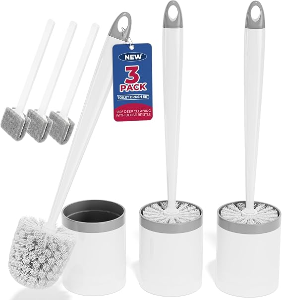 Holaloha Toilet Brush and Holder Set, Compact Design, 3 Pack, White
