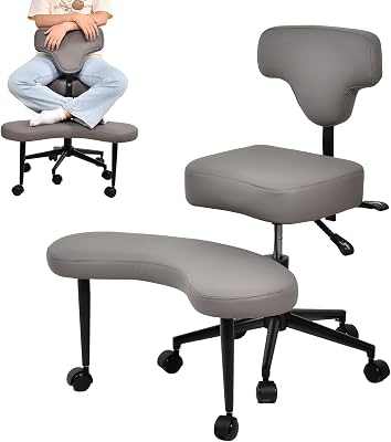 Ergonomic Cross Legged Chair Adjustable Height19-23In 360° Swivel Meditation Chair with Wheels ADHD Desk Holds up to 300 Lbs for Meditation Yoga Home Office-Grey