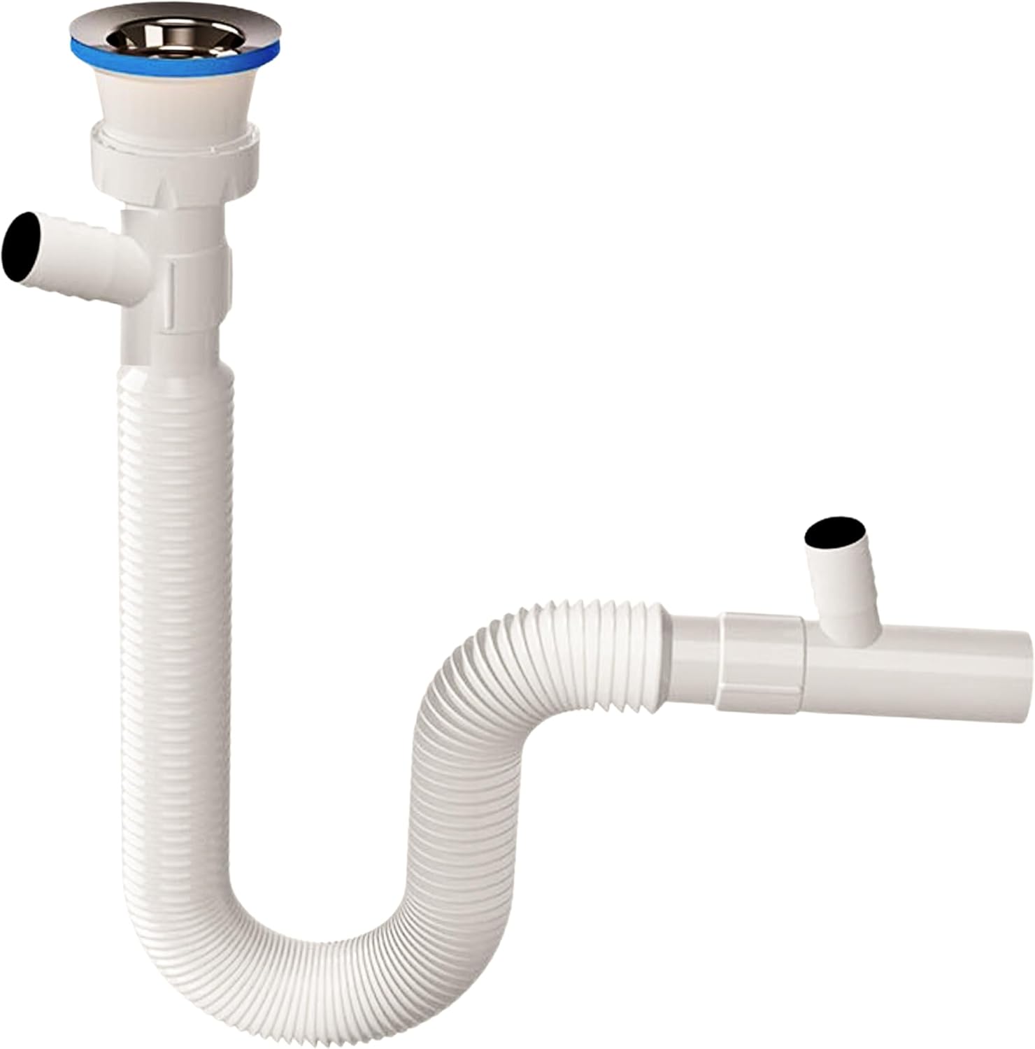 Double Entry Bellows Sink Siphon, Washing Machine Connected, Flexible Body, Adjustable