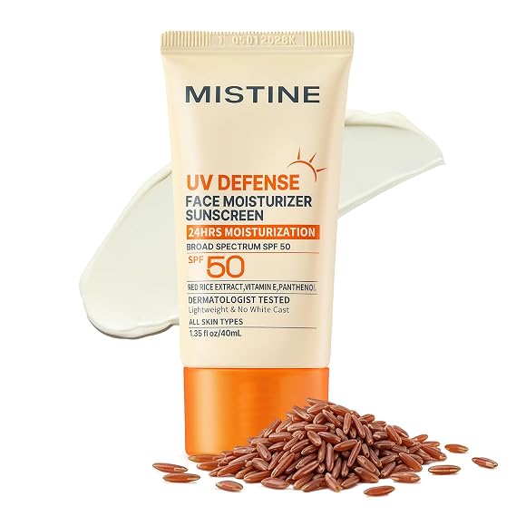 Mistine UV Defense Face Moisturizer Sunscreen SPF 50, 24HRS Hydrating Sunscreen, No White Cast, Broad Spectrum Lightweight Korean Sunscreen for All Skin, Reef Safe, Travel Size-1.35 fl oz/40mL