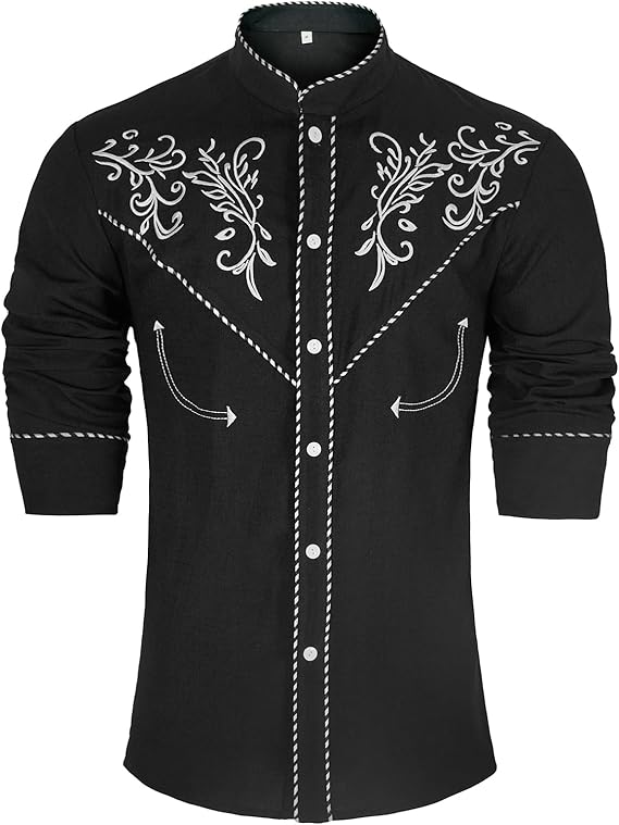Mens Western Cowboy Embroidered Shirt Long Sleeve Button Down Top